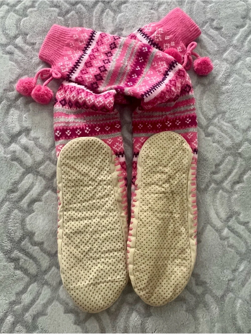 💕 Pink Fair Isle Knit Slipper Socks with Pom Poms NWOT